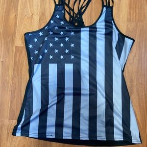 Grey and black flag workout shirt.